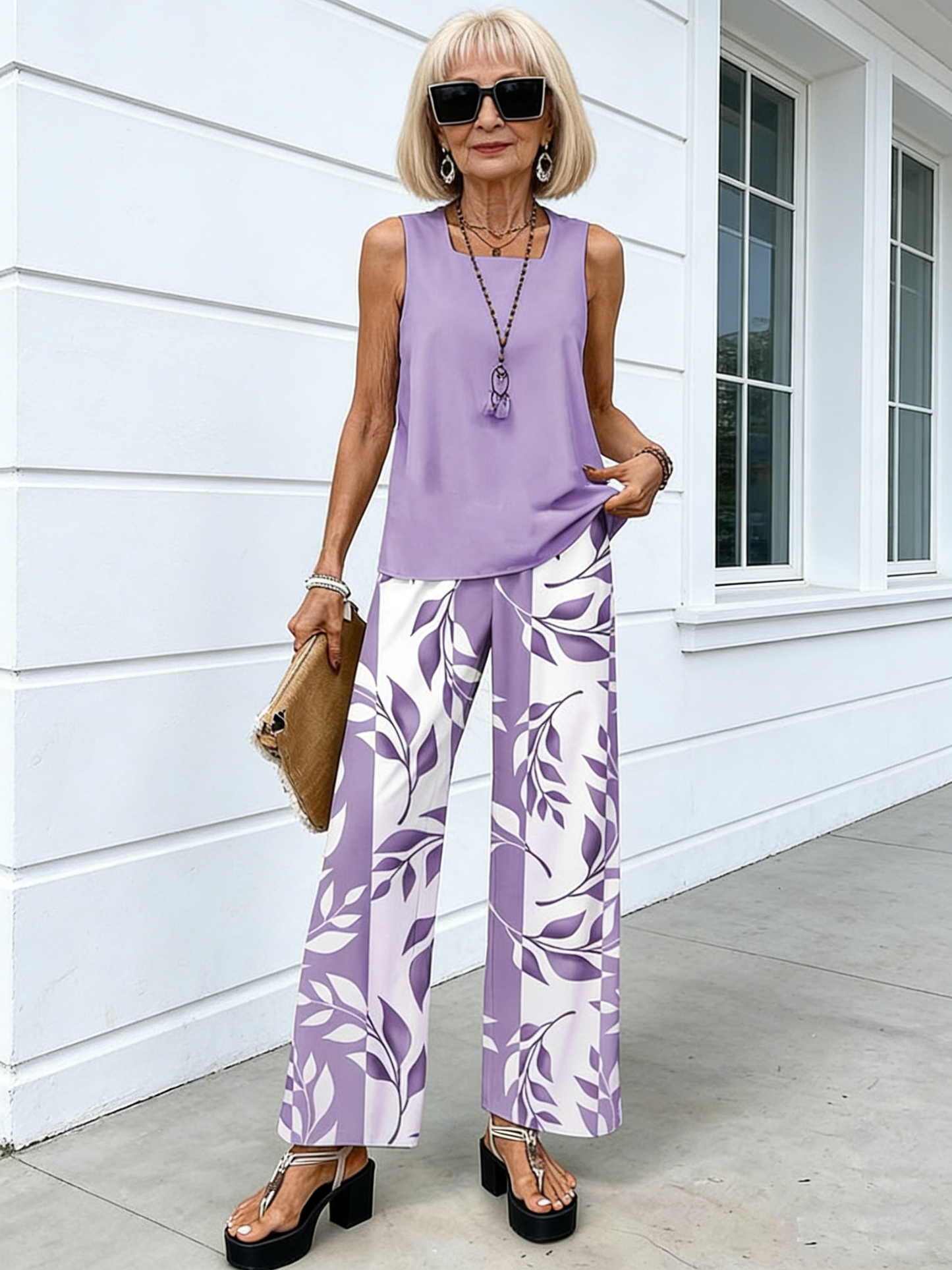 🎁New Arrivals🔥2Pcs Vacation Casual Square Neck Pullover Tank Plus Trousers Digital Printing