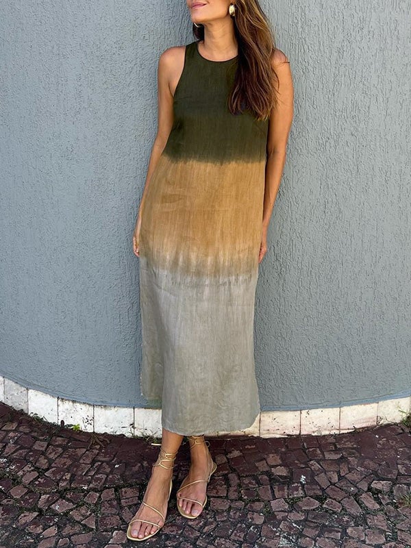 🎁CLEARANCE SALE🔥Women's casual cotton and linen sleeveless slit gradient tie-dye long dress