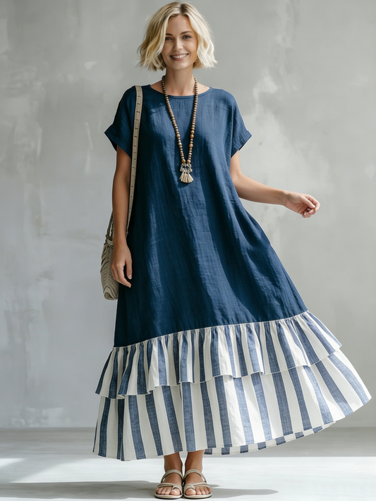 🎁New Arrivals🔥Cozy Striped Patchwork Ruffled Loose Cotton-linen Maxi Dress