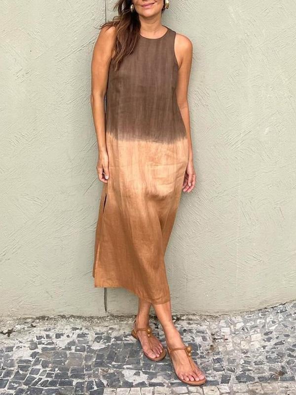 🎁CLEARANCE SALE🔥Women's casual cotton and linen sleeveless slit gradient tie-dye long dress
