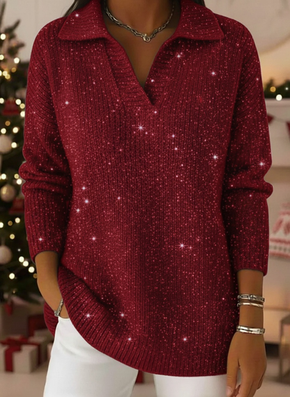 📦Buy 2 FREE SHIPPING🎄Christmas Party Polo Collar Shiny Loose Sweater Top