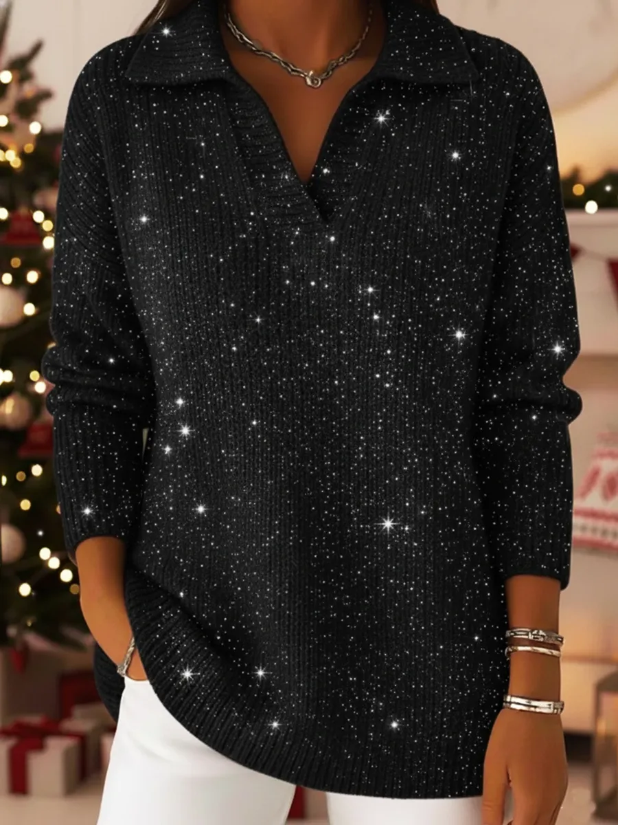📦Buy 2 FREE SHIPPING🎄Christmas Party Polo Collar Shiny Loose Sweater Top