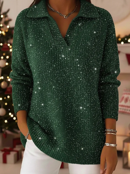 📦Buy 2 FREE SHIPPING🎄Christmas Party Polo Collar Shiny Loose Sweater Top