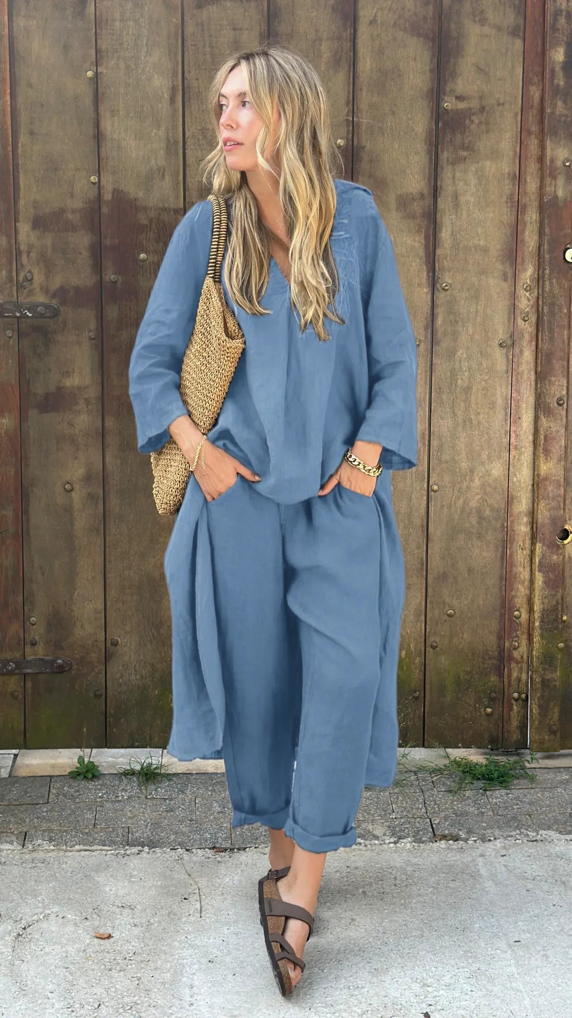 🎁New Arrivals🔥Comfortable Cotton and linen casual solid color 2-piece Set(Buy 2 Free Shipping)