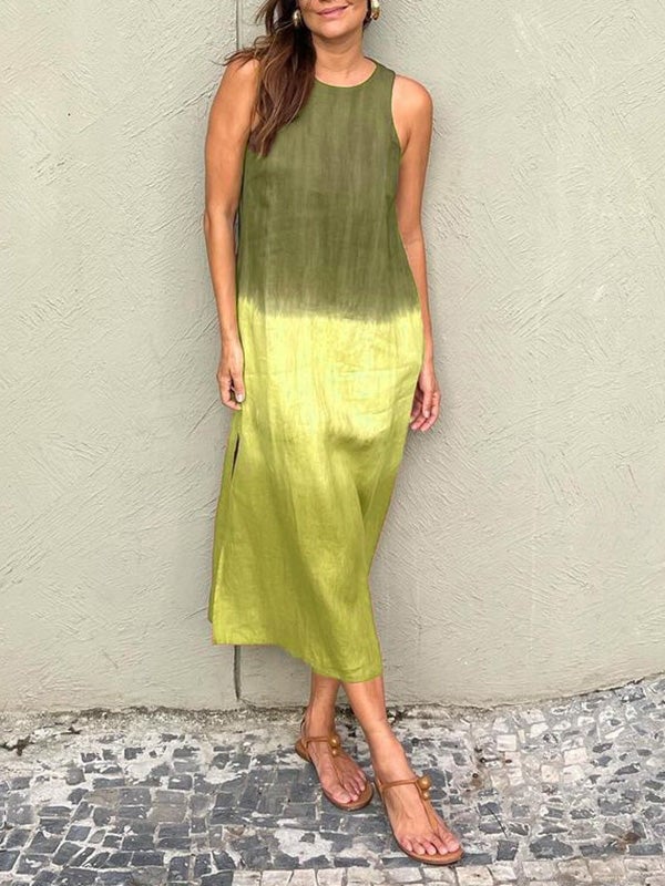 🎁CLEARANCE SALE🔥Women's casual cotton and linen sleeveless slit gradient tie-dye long dress