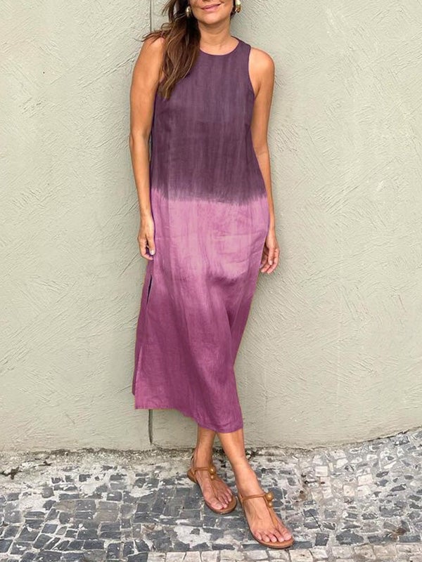 🎁CLEARANCE SALE🔥Women's casual cotton and linen sleeveless slit gradient tie-dye long dress