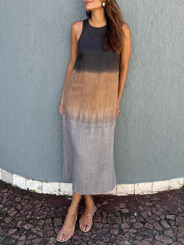 🎁CLEARANCE SALE🔥Women's casual cotton and linen sleeveless slit gradient tie-dye long dress