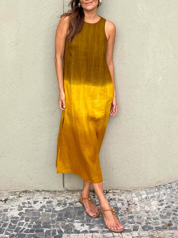 🎁CLEARANCE SALE🔥Women's casual cotton and linen sleeveless slit gradient tie-dye long dress