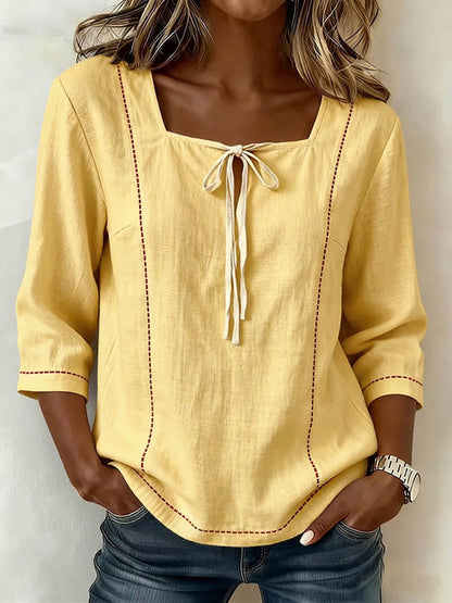 🎁New Arrivals🔥Women's Square-neck 3/4-sleeve Loose-fit Cotton-linen Top