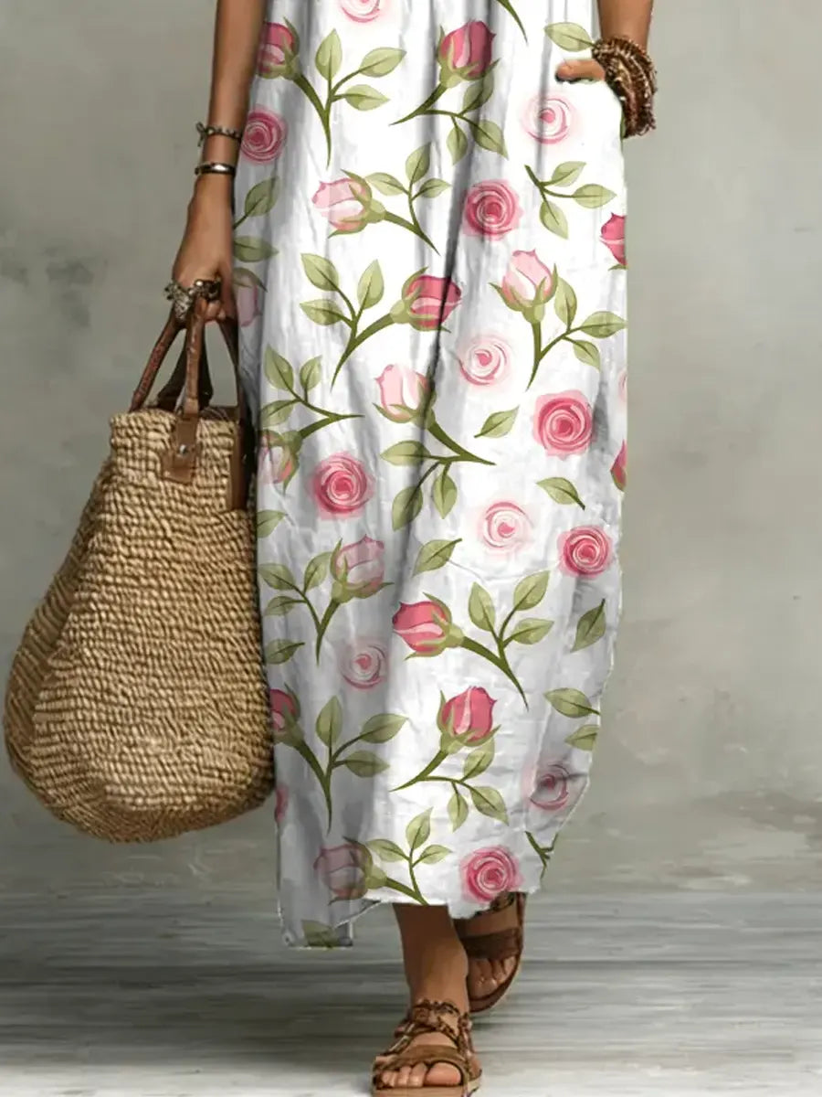 🎁New Arrivals🔥Women's Floral Pattern Art Print Casual Ruffled Stylish Cotton Linen Dress